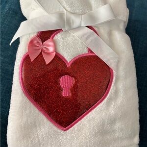 White Hand Towel with Red Glitter Heart Lock Design